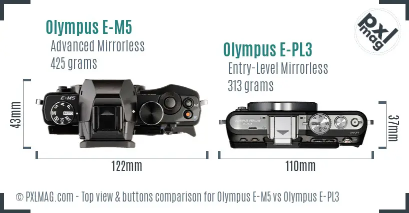 Olympus E-M5 vs Olympus E-PL3 top view buttons comparison