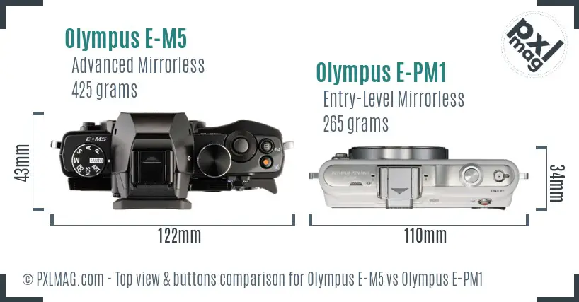 Olympus E-M5 vs Olympus E-PM1 top view buttons comparison