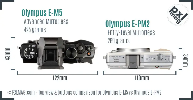 Olympus E-M5 vs Olympus E-PM2 top view buttons comparison
