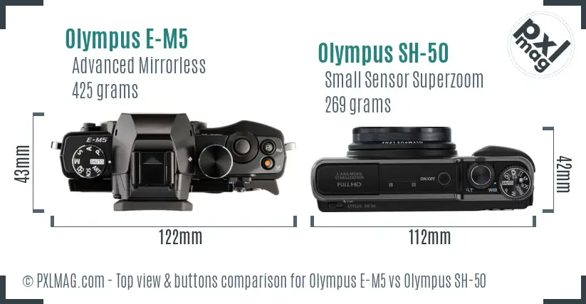 Olympus E-M5 vs Olympus SH-50 top view buttons comparison
