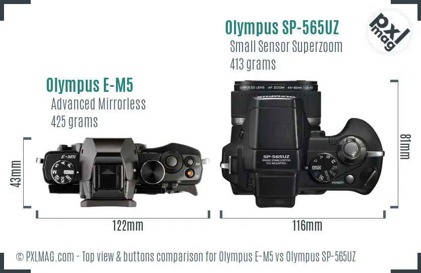 Olympus E-M5 vs Olympus SP-565UZ top view buttons comparison