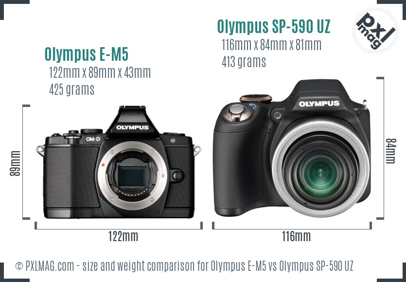 Olympus E-M5 vs Olympus SP-590 UZ size comparison