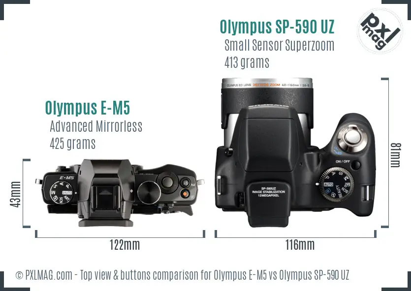 Olympus E-M5 vs Olympus SP-590 UZ top view buttons comparison