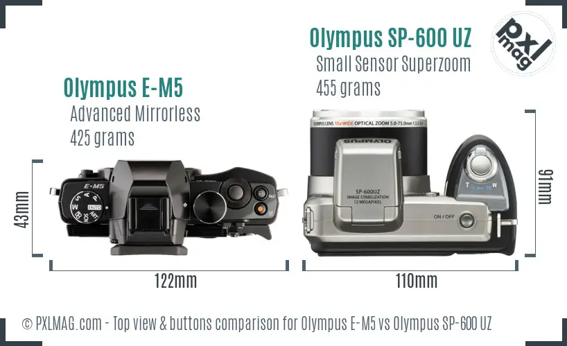 Olympus E-M5 vs Olympus SP-600 UZ top view buttons comparison
