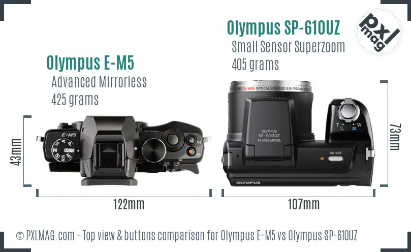 Olympus E-M5 vs Olympus SP-610UZ top view buttons comparison