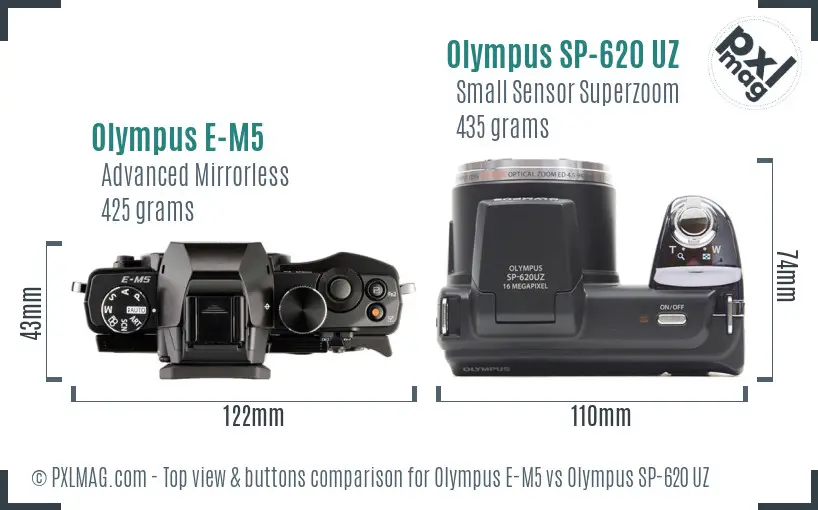 Olympus E-M5 vs Olympus SP-620 UZ top view buttons comparison