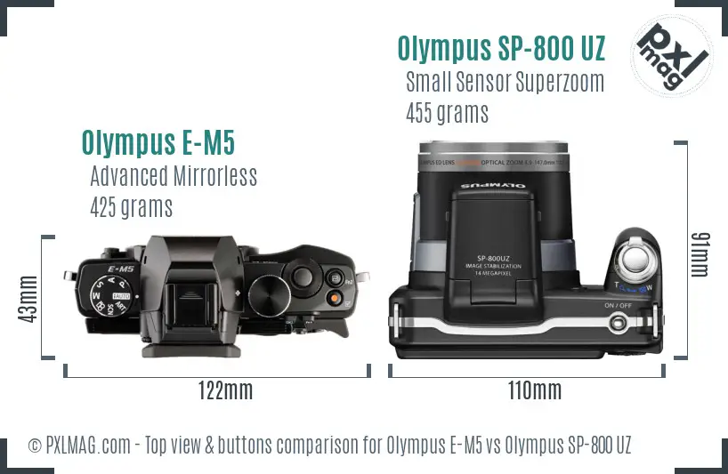 Olympus E-M5 vs Olympus SP-800 UZ top view buttons comparison