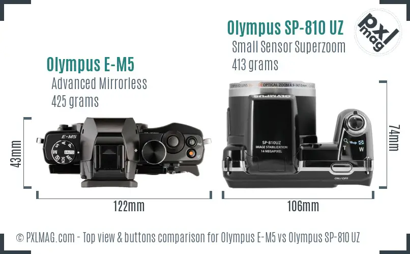 Olympus E-M5 vs Olympus SP-810 UZ top view buttons comparison