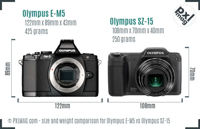 Olympus E-M5 vs Olympus SZ-15 size comparison