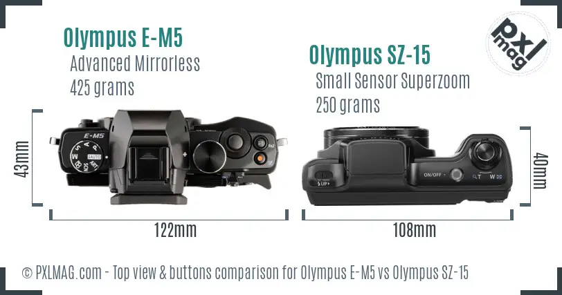 Olympus E-M5 vs Olympus SZ-15 top view buttons comparison