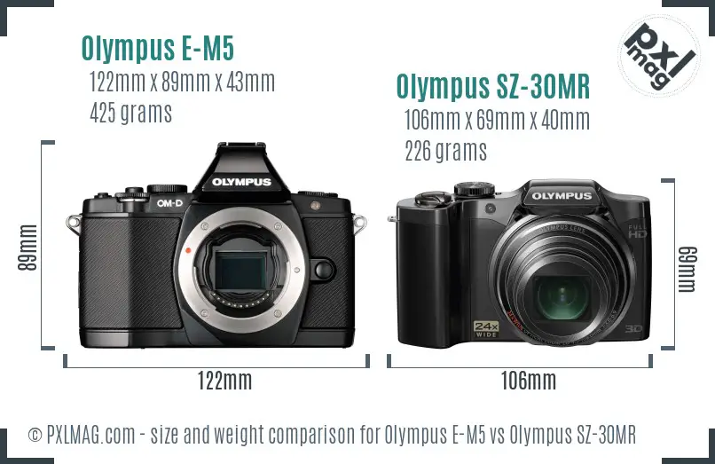 Olympus E-M5 vs Olympus SZ-30MR size comparison