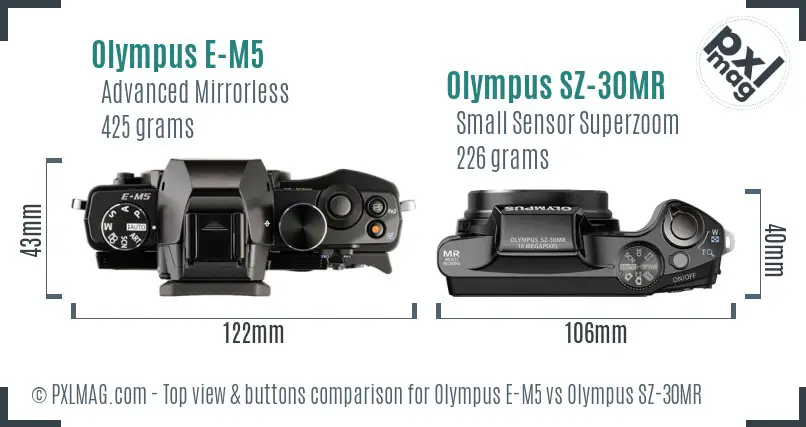 Olympus E-M5 vs Olympus SZ-30MR top view buttons comparison