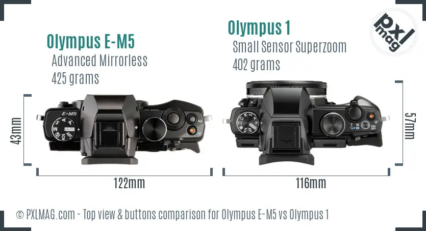 Olympus E-M5 vs Olympus 1 top view buttons comparison