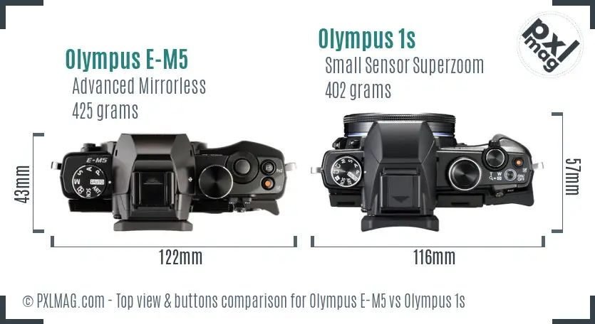 Olympus E-M5 vs Olympus 1s top view buttons comparison
