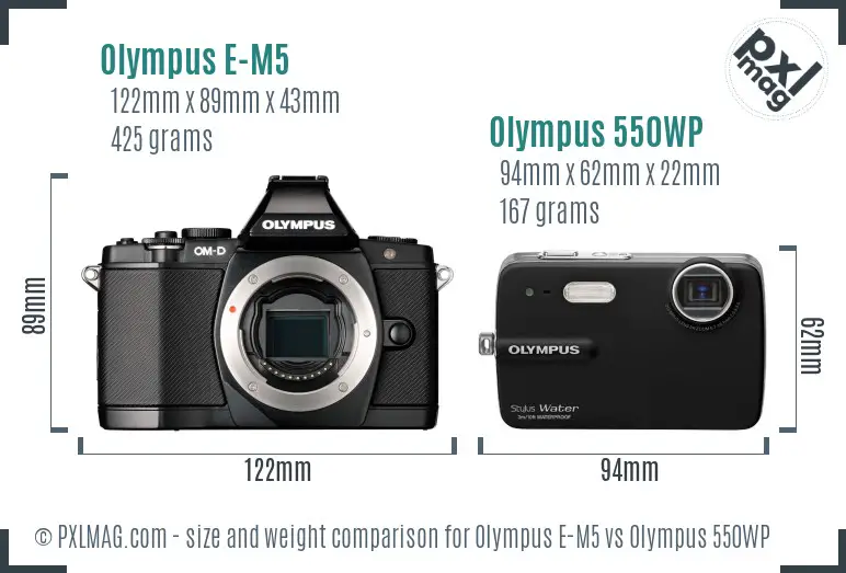 Olympus E-M5 vs Olympus 550WP size comparison