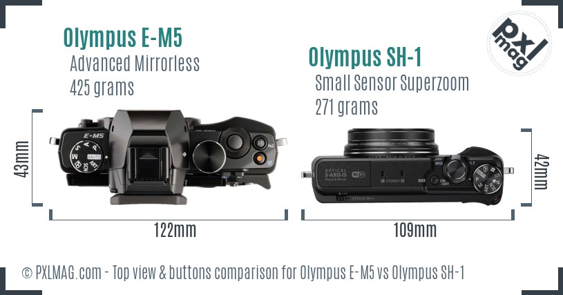 Olympus E-M5 vs Olympus SH-1 top view buttons comparison