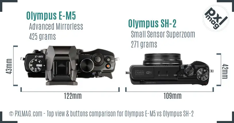 Olympus E-M5 vs Olympus SH-2 top view buttons comparison