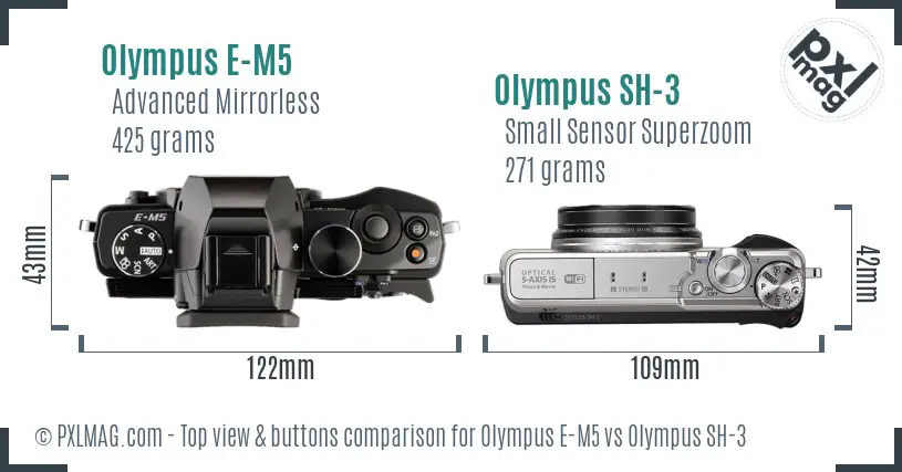 Olympus E-M5 vs Olympus SH-3 top view buttons comparison