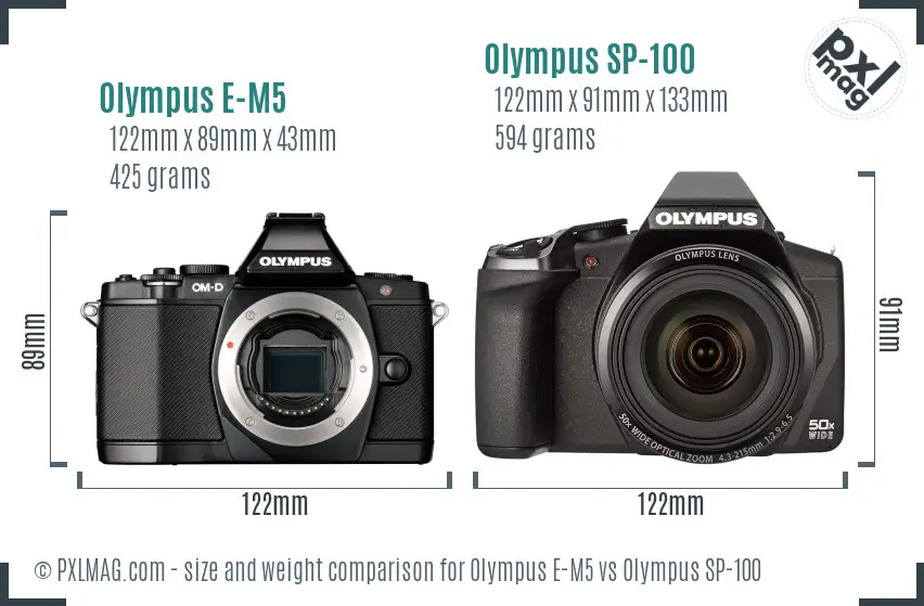 Olympus E-M5 vs Olympus SP-100 size comparison