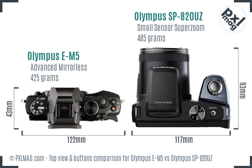 Olympus E-M5 vs Olympus SP-820UZ top view buttons comparison
