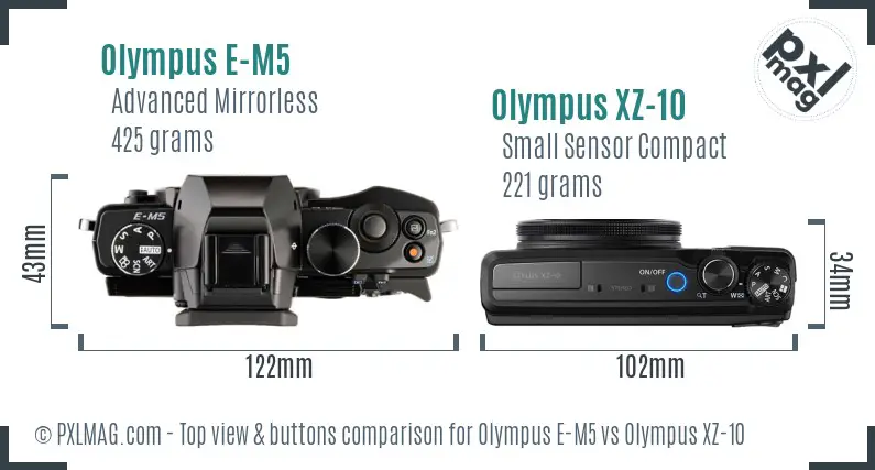 Olympus E-M5 vs Olympus XZ-10 top view buttons comparison