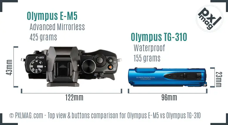 Olympus E-M5 vs Olympus TG-310 top view buttons comparison