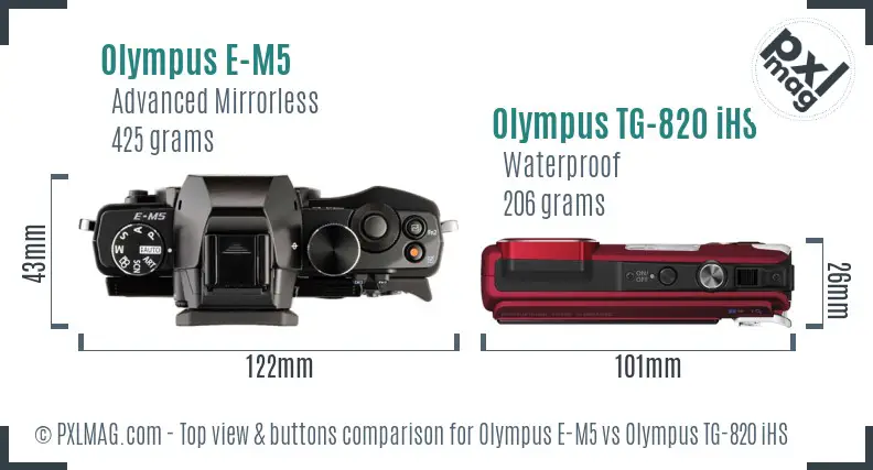 Olympus E-M5 vs Olympus TG-820 iHS top view buttons comparison