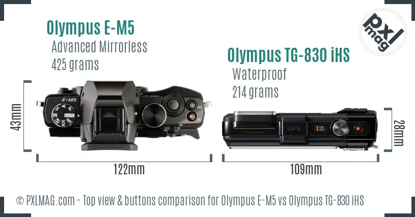 Olympus E-M5 vs Olympus TG-830 iHS top view buttons comparison