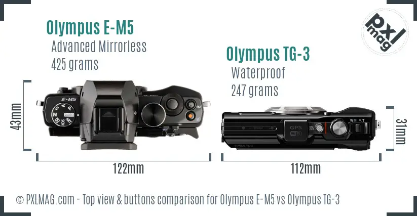 Olympus E-M5 vs Olympus TG-3 top view buttons comparison