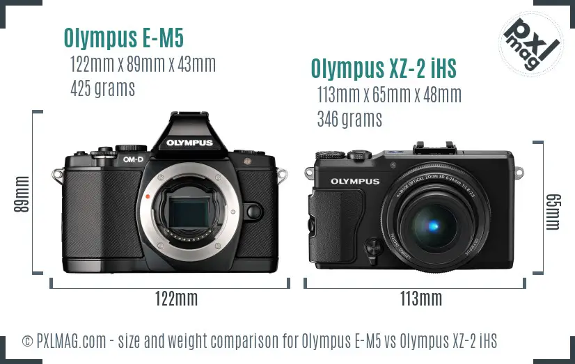 Olympus E-M5 vs Olympus XZ-2 iHS size comparison