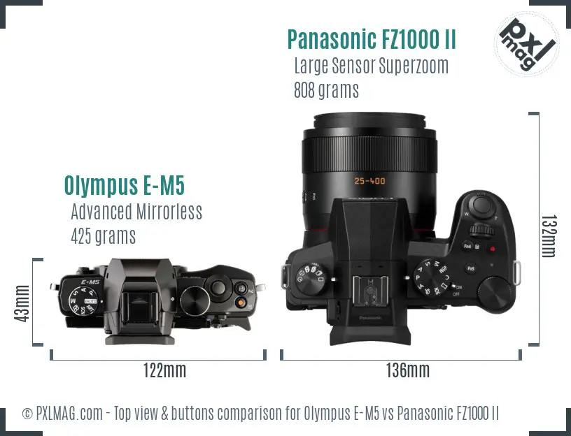 Olympus E-M5 vs Panasonic FZ1000 II top view buttons comparison