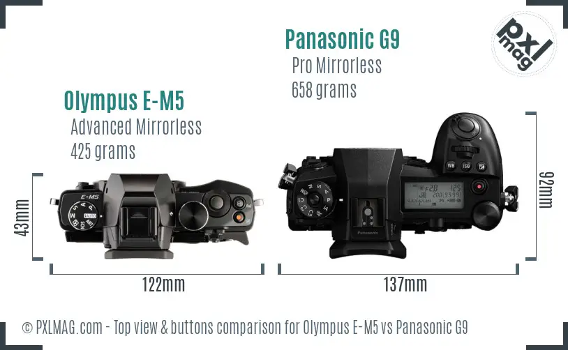Olympus E-M5 vs Panasonic G9 top view buttons comparison
