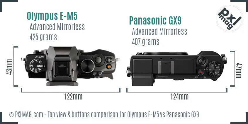 Olympus E-M5 vs Panasonic GX9 top view buttons comparison
