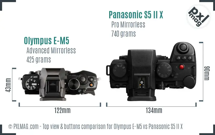 Olympus E-M5 vs Panasonic S5 II X top view buttons comparison