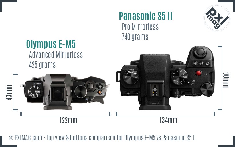 Olympus E-M5 vs Panasonic S5 II top view buttons comparison