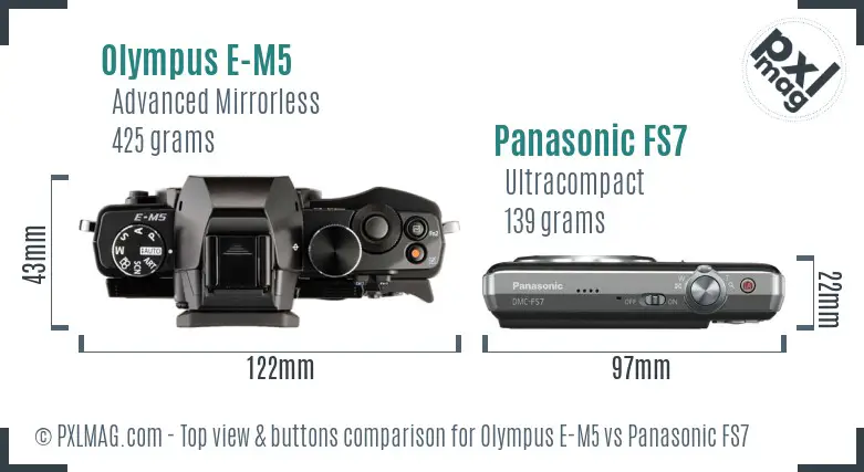 Olympus E-M5 vs Panasonic FS7 top view buttons comparison