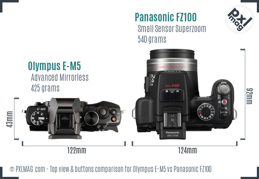 Olympus E-M5 vs Panasonic FZ100 top view buttons comparison