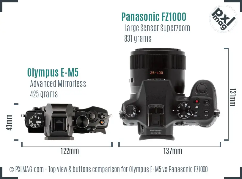 Olympus E-M5 vs Panasonic FZ1000 top view buttons comparison