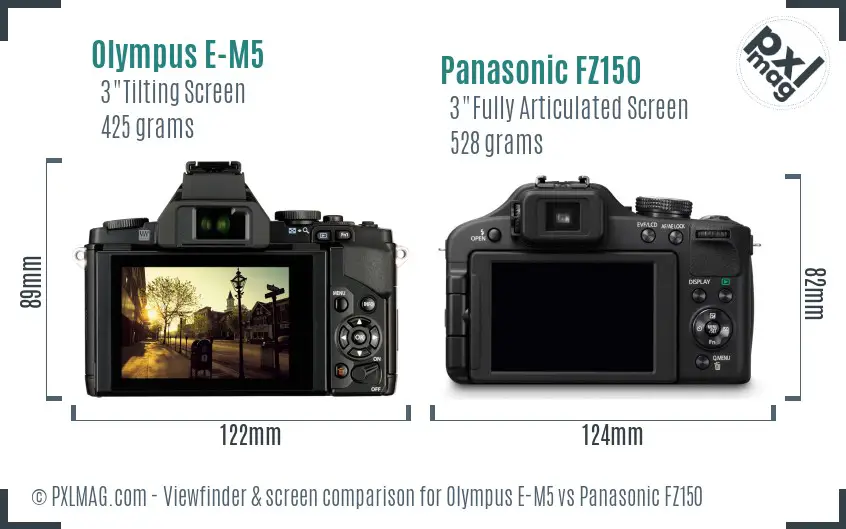 Olympus E-M5 vs Panasonic FZ150 Screen and Viewfinder comparison