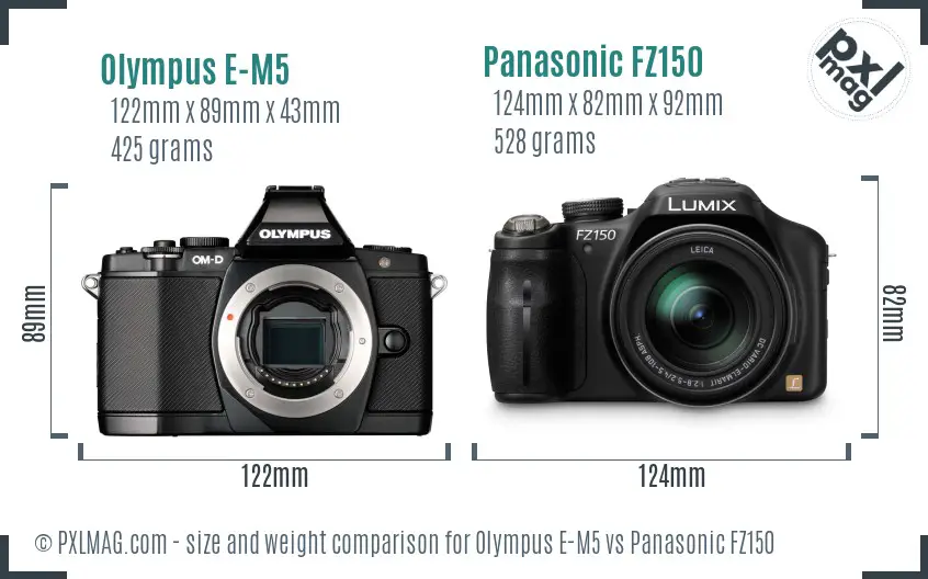 Olympus E-M5 vs Panasonic FZ150 size comparison