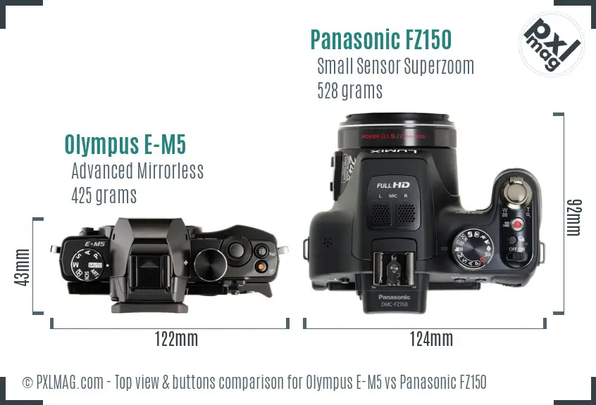 Olympus E-M5 vs Panasonic FZ150 top view buttons comparison