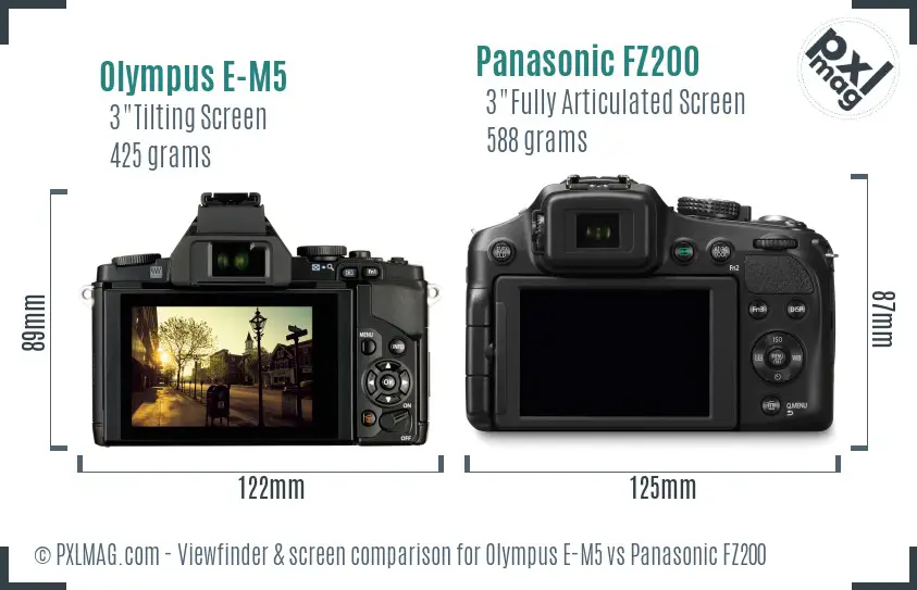 Olympus E-M5 vs Panasonic FZ200 Screen and Viewfinder comparison