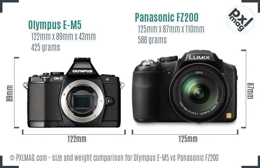 Olympus E-M5 vs Panasonic FZ200 size comparison