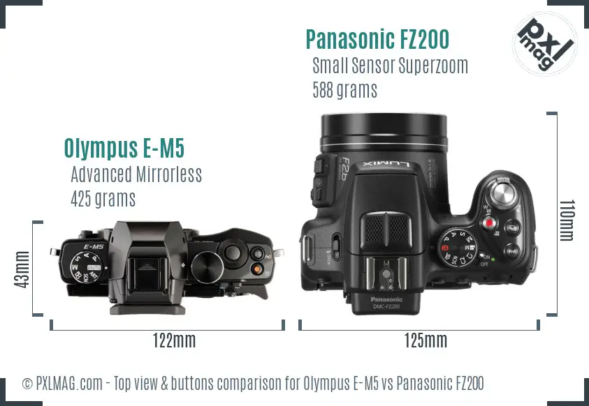 Olympus E-M5 vs Panasonic FZ200 top view buttons comparison