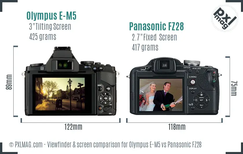 Olympus E-M5 vs Panasonic FZ28 Screen and Viewfinder comparison