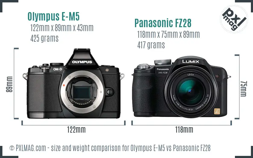 Olympus E-M5 vs Panasonic FZ28 size comparison