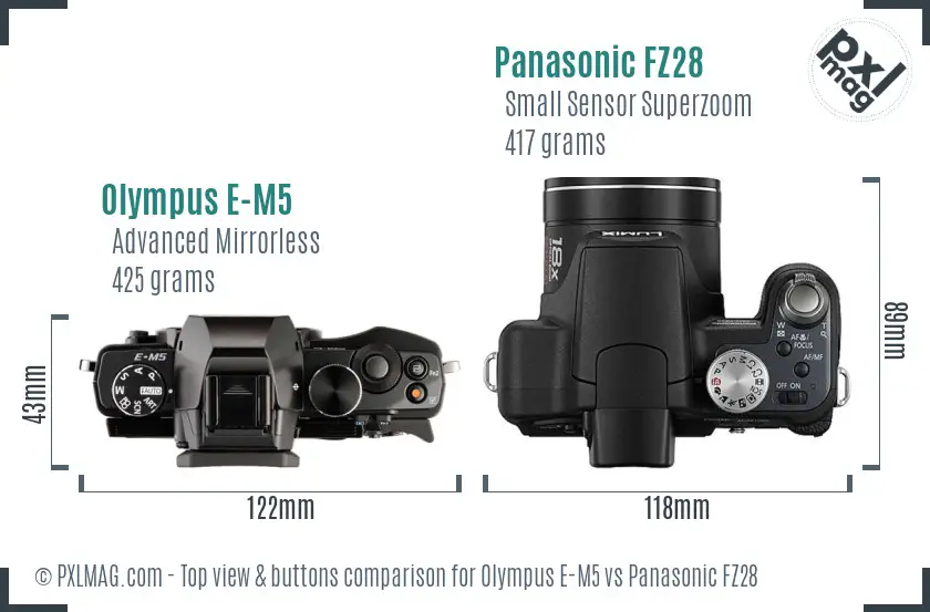 Olympus E-M5 vs Panasonic FZ28 top view buttons comparison