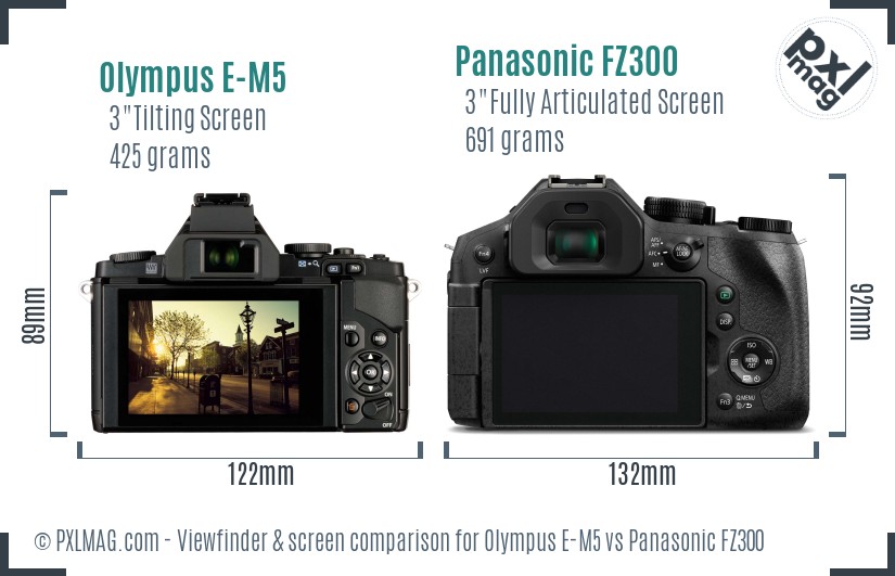 Olympus E-M5 vs Panasonic FZ300 Screen and Viewfinder comparison