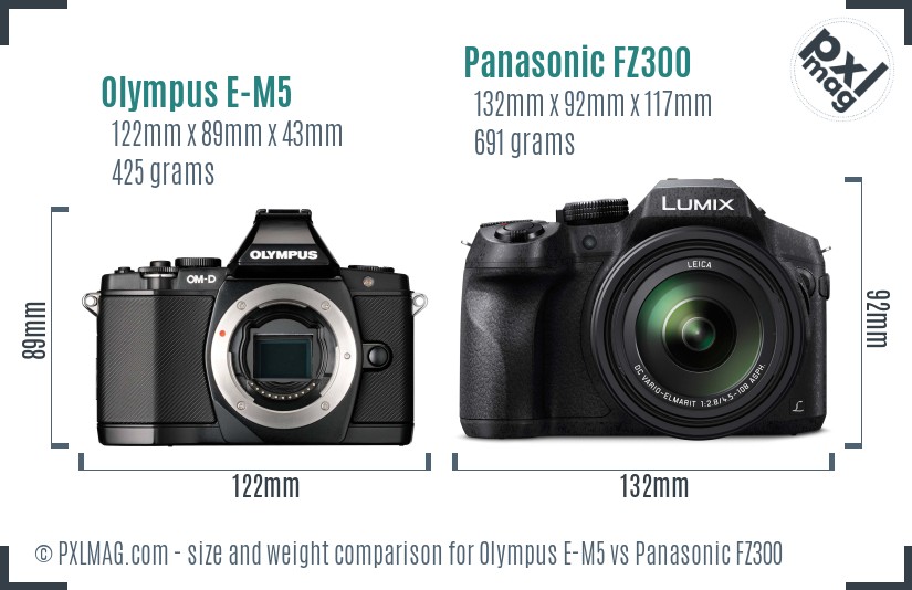 Olympus E-M5 vs Panasonic FZ300 size comparison