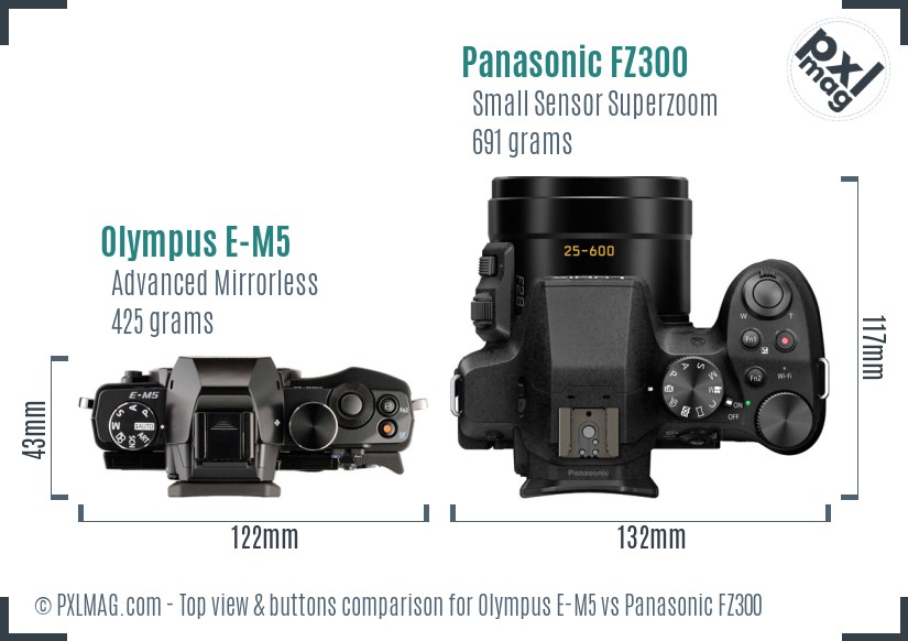 Olympus E-M5 vs Panasonic FZ300 top view buttons comparison